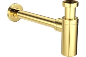ATCO® Sifone di design per bottiglie, sifone di scarico, sifone a tubo, sifone per lavabo, rotondo, 1 1/4" x 32 mm, placcato oro