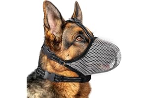 BONTHEE Dog Muzzle,Mesh Soft Muzzle for Small Medium Large Sized Dogs, Breathable Reflective Adjustable Puppy Muzzles with Collar for Scavenging Grooming Biting Chewing,Allows Panting and Drinking(Grey XXL)