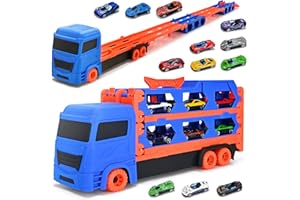 Xoolkly Transport Truck Spielzeugautos mit 12 Mini Cars Truck Autotransporter LKW Spielzeug Ejector Race Track Auto Autotransporter Spielzeug Parkhaus Auto für Kinder ab 3 4 5 Jahren, Blau Schwarz