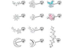 Kakonia 11Pcs 16G Cartilagine Orecchini Borchie Acciaio Inossidabile CZ Forward Helix Tragus Orecchino a perno Cute Farfalla Luna e Stella Cartilagine Daith Conch Ear Piercing Gioielli per Donne