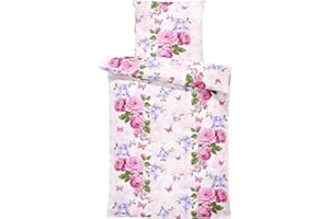 one-home Bettwäsche Mikrofaser Garnitur Bettbezug modern viele Muster mit Reißverschluss, Farbe:Blumen rosa weiß, Größe:2 teilig 135x200 cm