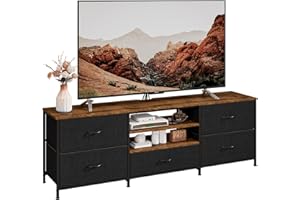 Forthcan TV Stand Cabinet, TV Unit TV Console Table with 5 Drawers Storage Organizers, Entertainment Center with Open Shelf for Living Room, Bedroom (Black)