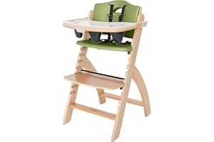Abiie Beyond Junior Wooden High Chair with Tray - Adjustable and Convertible High Chair for Babies and Toddlers - 6 Months to 250 Lb - Water Resistant - Natural Wood with Olive Cushion