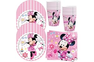 HGSHUO Vajilla Cumpleaños Decoracion para Minnie Vajilla para Fiesta Cumpleaños Minnie Cubiertos y Platos Taza Papel Servilleta Boda Baby Shower 16 Invitados
