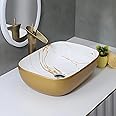 SEA SHORE Premium Designer Table Top Ceramic Wash Basin For Living Room/Countertop Vessel Sink with Slim Rim for Bathroom (46.5x32.5x13 CM, Gold & White)