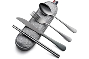 DEVICO Camping Cutlery Set for 1, Portable Travel Utensils Set with Case, Reusable Stainless Steel Knife Fork Spoon Chopsticks for Work Lunch Picnic School, Dishwasher Safe (Black)