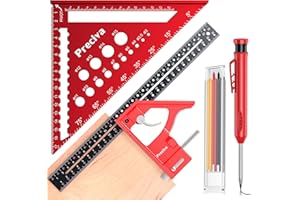 Preciva Squadra da Falegname Multifunzionale 5-EN-1, Set Completo da Falegnameria, Squadra 45 Gradi + Squadra Combinata + Matita Carpentiere + Tre Colori Ricariche, Set di Strumenti da Falegname