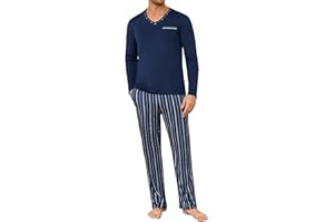 Demegimi Herren Schlafanzug Lang Streifen Baumwolle Winter Pyjama Nightwear Set Langarmshirt Gestreifte Schlafanzughose für Männer