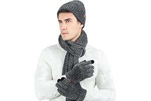 LumiSyne Hiver 3 En 1 Packs Bonnet Tricoté Écharpe Et Gants Homme Femme Jacquard Exquis Foulard De Couleur Unie Gants d'Écran Tactile Chapeau Beanie Tissu Chenille Souple Avancé