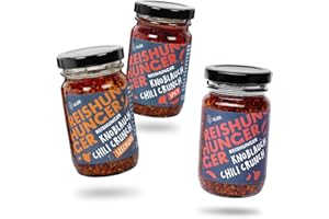 ‎REISHUNGER REISHUNGER – Knoblauch Chili Crunch Probier Set – 3 x 115 g – Unsere beliebten Knusper-Toppings im 3er Set – Von mild über feurig bis hin zu prickelnd scharf