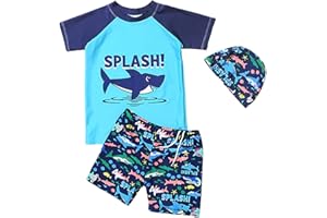NautySaurs Boys Swimming Costume Two Piece Swimwear with Cap for Kids Dinosaurs Shark Rash Guards Trunks Swim Set