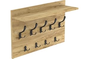 HWS FURNITURE duży wieszak ścienny na ubrania płaszcze, dąb dębowe wykończenie, 9 czarne haczyki