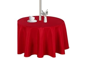 LUSHVIDA Round Outdoor Tablecloth with Umbrella Hole and Zipper, 70 Inch Red, Washable Waterproof Table Cloth Spill Proof Wrinkle Free Table Cover for Patio Spring Summer Picnic BBQS