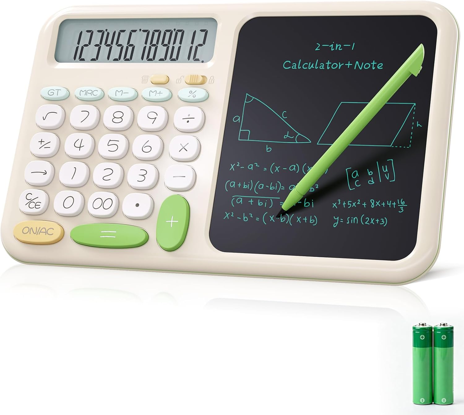 ROATEE Foldable 2-in-1 Basic Calculator with Erasable LCD Handwriting Tablet,12-bit HD Widescreen,Rechargeable Solar Dual Power Supply,Suitable for Students and Office Use (Green)