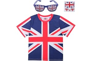 Ficlwigkis Union Jack T Shirt for Kids Boys and Girls with Union Jack Glasses Union Jack Flags Tattoo Stickers Crewneck Short Sleeve for King's Birthday National Day Union Jack Party