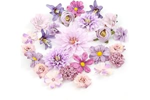 LARDUX 24 PCS Artificial Flower Heads-Craft Fake flower Decoration Mini Silk Purple Flower Heads Bulk Mix for DIY Wedding Party Hair Accessory Scrapbooking Home Decor