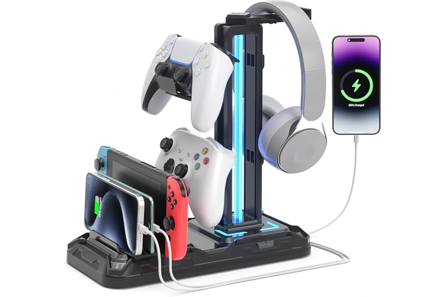KDD Headset Stand with Charging Station - Detachable Headset Controller Holder Stand with 9 Light Modes, Rotatable Headphone Hanger with USB Charging Ports for PC Gaming Accessories Storage (Black)