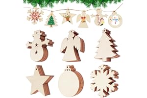 DLUSZERT 72 Stück Weihnachten Holz Ornamente zum Aufhängen, 6 Arten Holzanhänger Weihnachtsschmuck zum Bemalen mit Schnur, Weihnachtsbaum Holzscheiben Dekohänger, Christbaumschmuck für DIY Geschenk