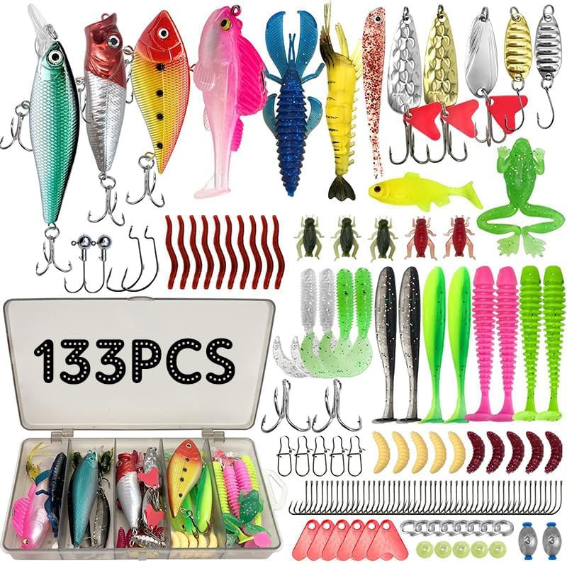 ZhaoCaiWJ 133 Piezas Señuelos de Pesca Kit Completo - Cebos Artificiales Mixtos con Caja de Aparejos: Vinilos, Cucharillas, Ranas y Anzuelos - Equipo de Pesca Spinning para Mar y Río (Black Bass, Truc