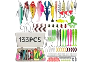 ZhaoCaiWJ 133 Piezas Señuelos de Pesca Kit Completo - Cebos Artificiales Mixtos con Caja de Aparejos: Vinilos, Cucharillas, Ranas y Anzuelos - Equipo de Pesca Spinning para Mar y Río (Black Bass, Truc
