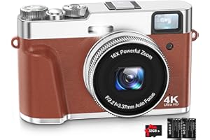 4K Digital Camera, FamBrow Autofocus 48MP Vlogging Camera with 32GB Card, 2 Batteries, Viewfinder Function and Rotary Button, 16X Zoom Powerful Travel Camera for Teenagers Adults Beginners-Brown