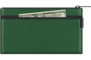 HAUTOCO Money Bags with Zipper 280mm x 155mm Money Pouches Cash Envelopes Bag for Banking, PU Leather Dual Pockets Wallet for Cash Check Receipt Coins Cosmetics, Deep Green