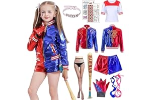 Maryparty Disfraz de Quinn para Niñas Mujer, Disfraz de Cosplay Suicide Squad Halloween Carnaval Camiseta Pantalones Chaqueta y Guante, Guantes, Bate Inflable