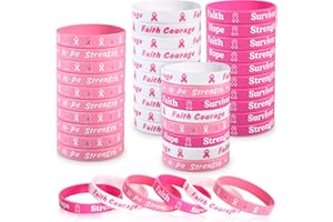 Yaomiao 36 Pieces Breast Cancer Awareness Bracelets Breast Cancer Silicone Wristbands Pink Ribbon Bracelets for Strength Hope Faith Courage Party Wristband Supplies