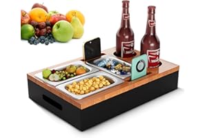 LeuKoles Couch Bar, Sofa Tray Snack Box, Holzer Couch-Organizer mit 304 Edelstahl-Snackschalen, Halter für Getränke, Snacks und Fernbedienung, Sofa Butler für Wohnzimmercouch, Picknick, Party (Typ-A)