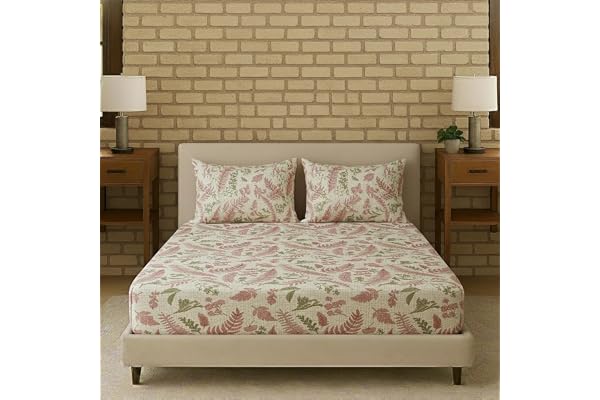 Trance Home Linen 100% Cotton 144Tc Elastic Fitted Bedsheet Printed Queen Bed Size Elasticated Fitted Bedspread with 2 Pillow Covers (Queen 78X60 Inch, Foliage Peach)