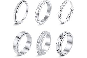 LOFITOR 6 Stück Anti-Angst Spinner Ringe Fidget Band Ring für Stress Angstlinderung für Damen Herren Edelstahl Roller Anti-Stress Ringe Set Coole Anxiety Band Ring CZ Mond&Stern Gold Silber