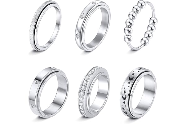 LOFITOR Anti-ångest-ringar, 6 stycken spinner-ringar, fidget-band-ringar för stress- och ångestlindring, för kvinnor och män, av rostfritt stål roller-ringset, CZ, måne och stjärna, guld-/silverfärg