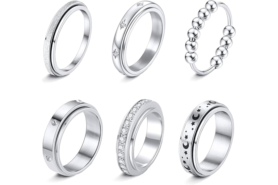 LOFITOR Fidget Rings for Anxiety 6pcs Stainless Steel Spinner Ring Anti Anxiety Ring Spinning Moon Star Cool Stress Relieveing CZ Rings for Women Men Band Rings Set