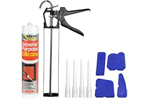 PHELEAM White Silicone Sealant Set - Everbuild General Purpose Anti Mould Waterproof Sealant, 11" Inch Black Caulking Gun, 4 Nozzles, 4 Piece Finishing Smoothing Tool, DIY Decorating, Professional Finish