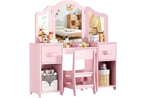 MAMIZO Coiffeuse pour Enfants 2 en 1, Bureau Enfant Fille avec Miroir et Tabouret, Coiffeuse en Bois avec 2PCS Boîte de Rangement, 108x30x114 cm, Bureau pour Enfants, Rose