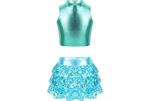 TiaoBug Vestido Brillante de Baile Moderno para Niñas Conjunto Crop Top sin Manga y Falda Plisada de Cintura Elástica Disfraz de Baile Latino Jazz Animadoras