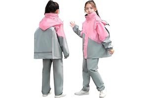 Baogaier Enfants Imperméable à Capuche, Unisexe Fille Garçon Léger Manteau Veste de Pluie et Pantalon Combinaison avec Bandes Réfléchissante, Vêtements de Pluie pour Sport Randonnée Voyage 8-14 Ans