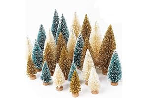 Fayavoo 24pcs Artificial Mini Christmas Trees, Sisal Trees with Wood Base Bottle Brush Snow Frost Trees for Christmas Crafts Tabletop Decor Winter Snow Ornaments Green, Gold and Ivory