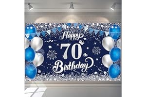YONTREE Happy 70th Birthday Banner, 1.1 x 1.8m Blue Silver 70th Birthday Decorations for Women, Men, Anniversary Party Supplies