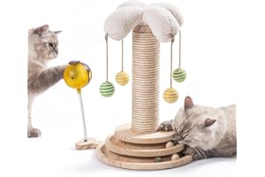 MEWOOFUN 4 w 1 zabawka dla kotów, lina sizalowa dla kotów z 4 wiszącymi piłkami – interaktywna zabawka dla kotów, drewniana piłka z piórem (styl 1)