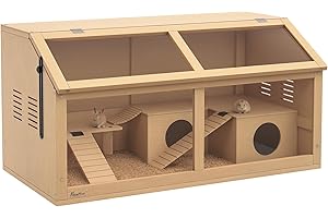 PawHut Wooden Hamster Cage, Gerbil Cage for Syrian Hamster with Exercise Play House, Openable Top 85 x 45 x 44cm - Nature