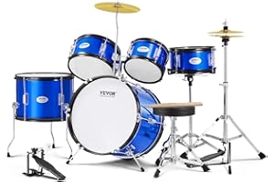 VEVOR Batería para niños de 5 piezas para principiantes, incluye toms graves, caja, tom de pie, platillo de trono ajustable, pedal hi-hat y dos pares de baquetas, batería para niños, azul