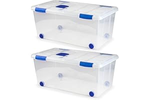 KINGNET Cajas Almacenaje Plástico con Tapa y Cierre a Presión, Cajas Oranizadoras Transparente, Perfecta para Almacenar Ropa, Juguete, Libro y Productos de hogar (Nº7-61Litros, Pack 2 unidades)