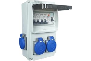 RoadEu Stromverteiler 230V, 4x Schuko Steckdose mit Schalter, Steckdosenverteiler mit Fi Schutzschalter 40A typ A/AC, 4x LS C16A. Baustromverteiler IP44.