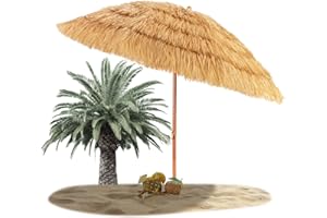 RELAX4LIFE Parasol Plage Hawaïen Inclinable, Paille Tropicale 8 Baleines, Mât en Fer Bouton d’Ouverture, Exotique Portable Balcon Appartement-Plage-Patio