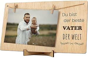 CONTRAXT Geschenke Fotorahmen für Vater Vatertag. Details Ideen für Papa Vati Bilderrahmen mit Klammern und Leine Fotoleine polaroid bilder rahmen fotorahmen holz (Vati DE)