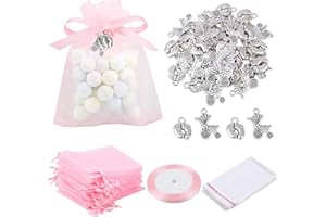 BETESSIN 50Pz Sacchetti Battesimo Bambina Bomboniere Rosa 50pz Ciondoli Battesimo Piedini Carrozzine Portaconfetti 50pz Sacchetti Palstica Regalo Addobbi Decorazioni Battesimo Nascita Feste Bimba