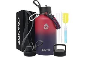 ZAKVOP Borraccia Termica 2 Litri con Cannucce e 3 Coperchi, Borraccia Acciaio Inox con Manico in Paracord, Bottiglia Termica con Spazzole per Palestra, Escursionismo, Campeggio (Rosso+Viola)