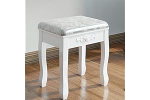 jeffordoutlet Dressing Table Stool, White Padded Stool Solid Wood Vanity Table Stool Bedroom Make Up Table White Piano Stool