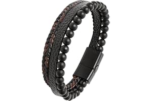 Mochity Męski brązowy skórzany pasek czarno-niebieski, 21 mm bransoletki z koralików 8 mm dla mężczyzn, bransoletka męska ze stali nierdzewnej